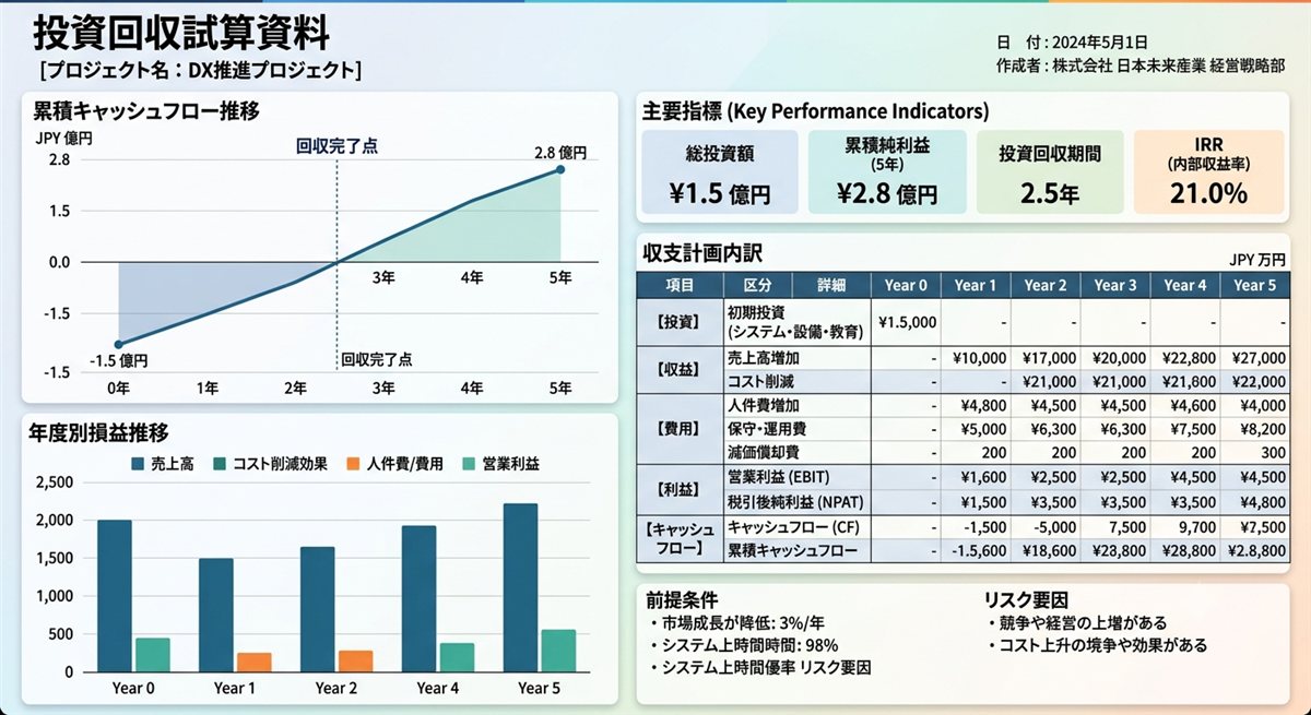 投資回収試算表のサンプル